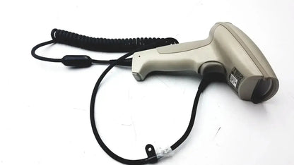 Beige hand held products 3800pdf-12e barcode scanner with coiled black cable and small black connector for scanning tasks
