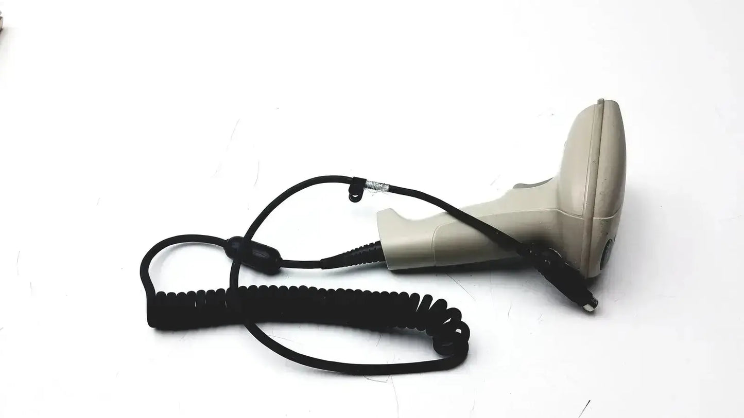 Beige hand held products 3800pdf-12e barcode scanner with black coiled cable for efficient scanning tasks
