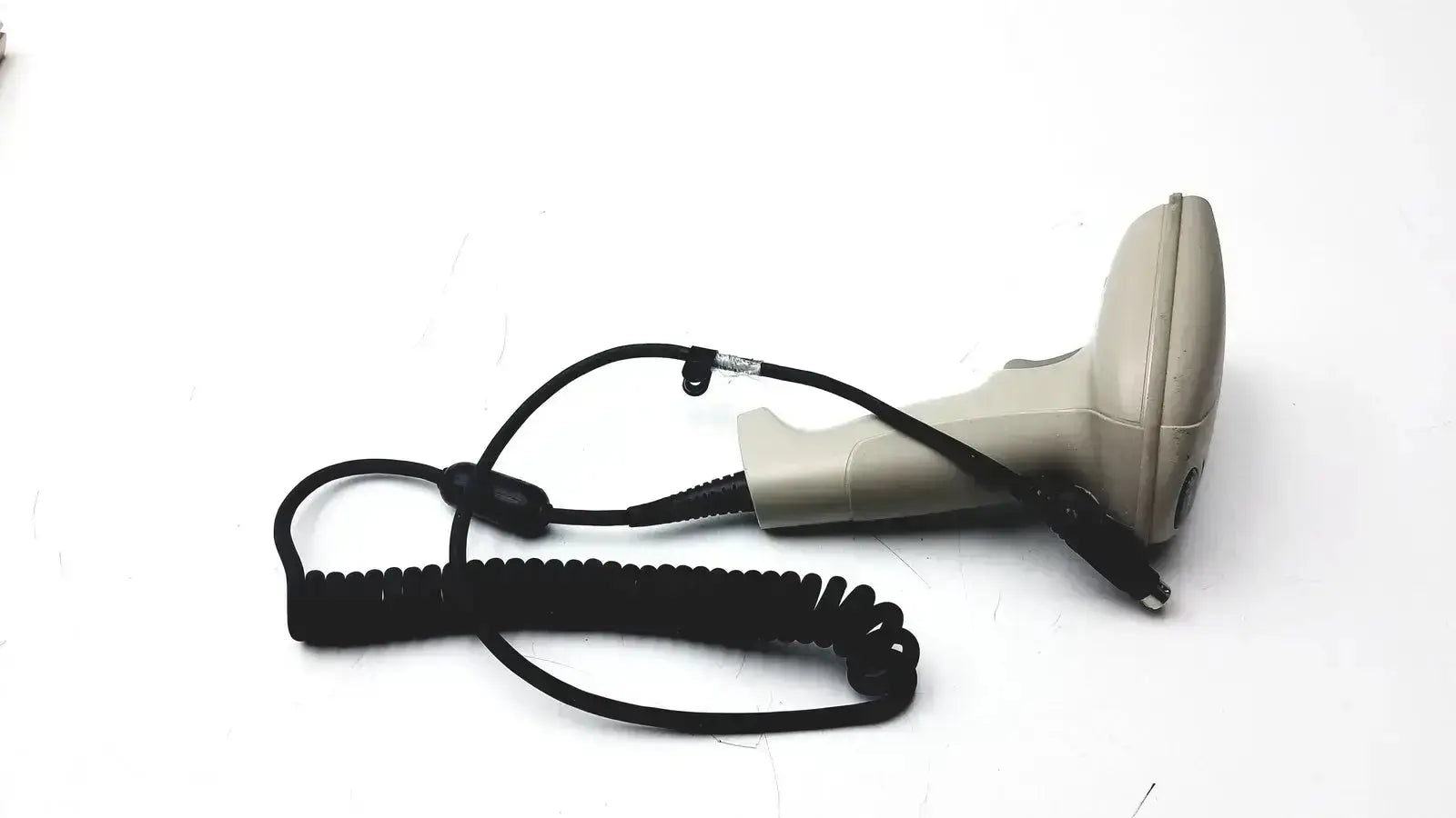 Beige hand held products 3800pdf-12e barcode scanner with black coiled cable for efficient scanning tasks