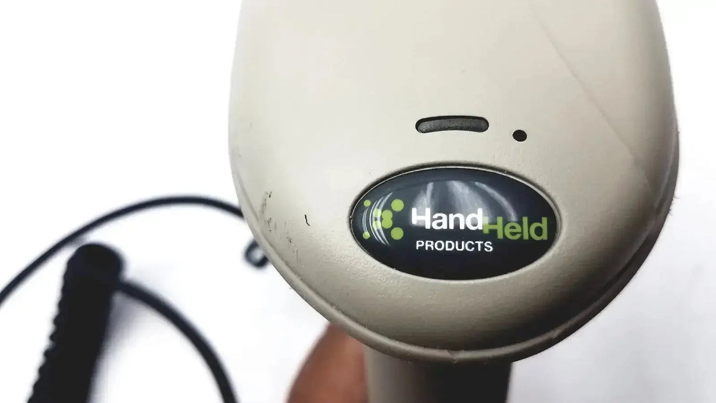 Beige hand held products 3800pdf-12e barcode scanner with black logo featuring green text and circular graphics