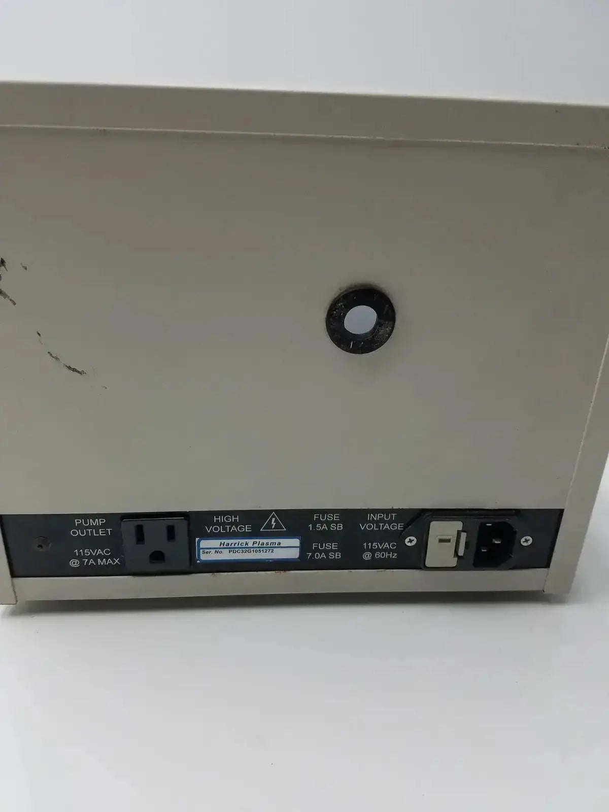 Beige rectangular harrick pdc-32g compact plasma cleaner sterilizer with black control panel and labeled outlets