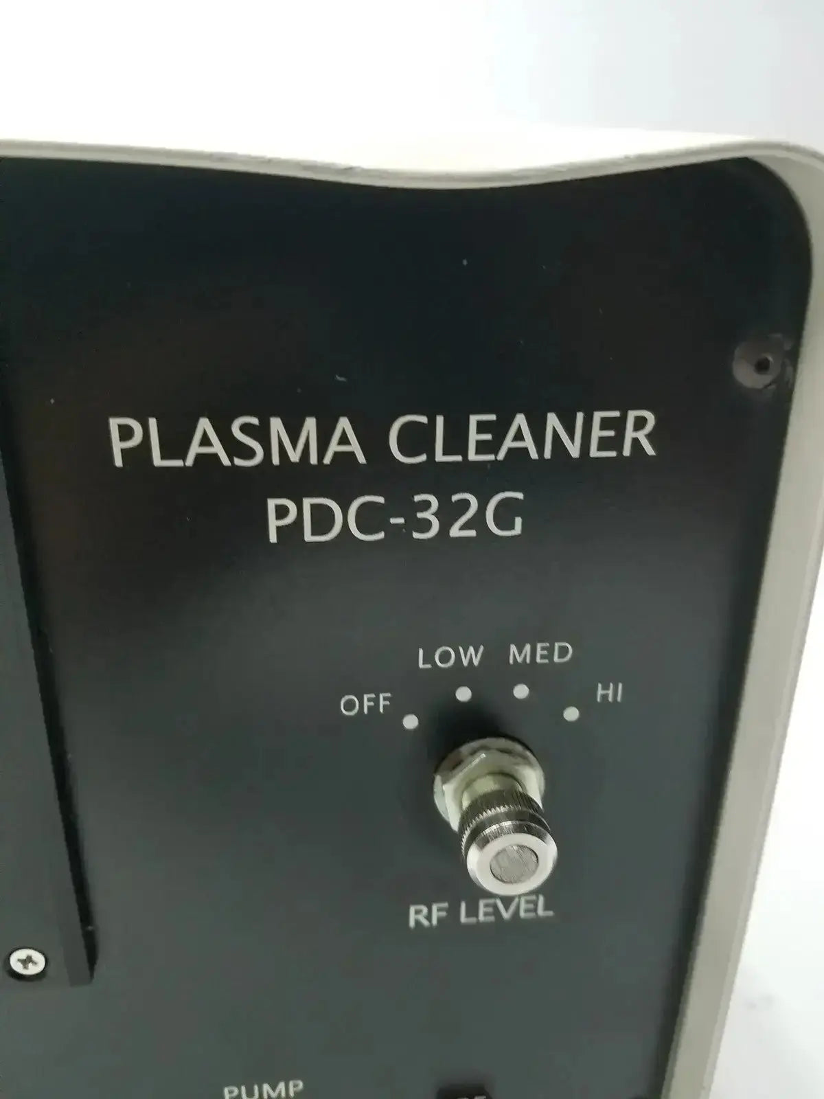 Black panel of harrick pdc-32g compact plasma cleaner sterilizer with rf level dial for off low med and hi settings