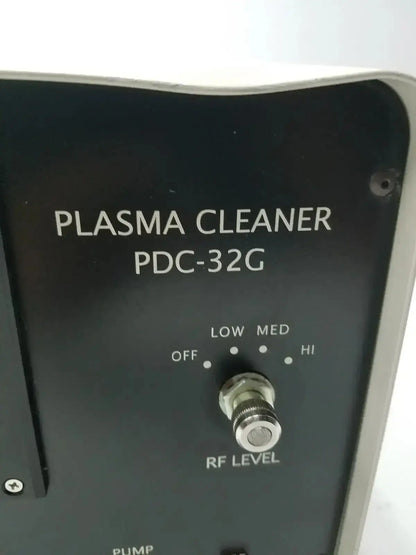 Black panel of harrick pdc-32g compact plasma cleaner sterilizer with rf level dial for off low med and hi settings