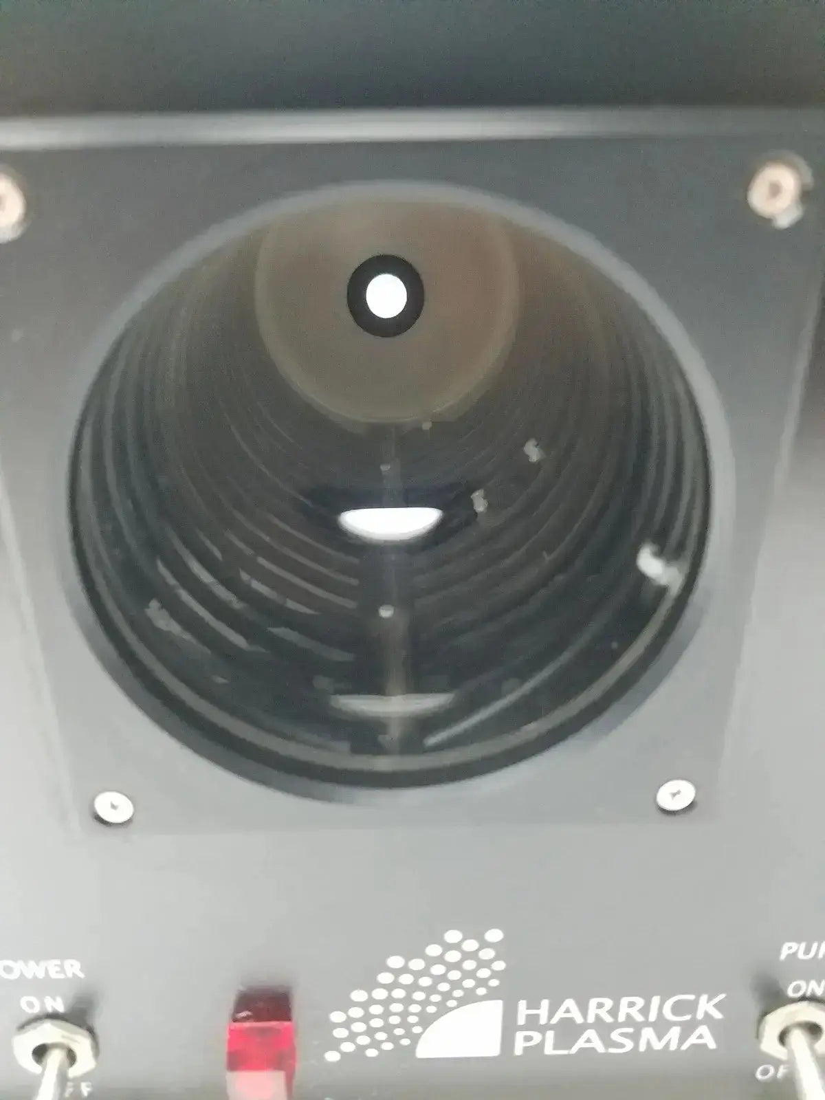 Gray metallic harrick pdc-32g compact plasma cleaner sterilizer with circular ridged glass window and plasma cleaner logo
