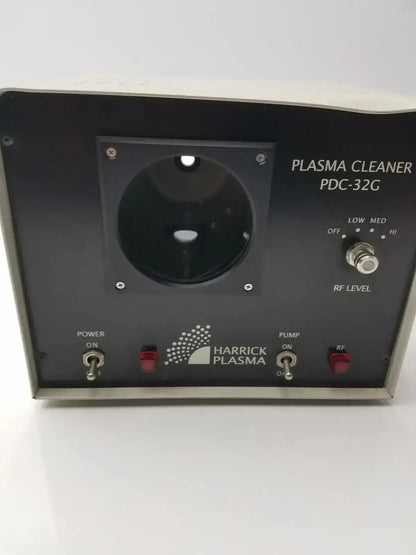 Black Harrick plasma cleaner sterilizer PDC-32G with circular chamber and control knobs for RF level adjustment