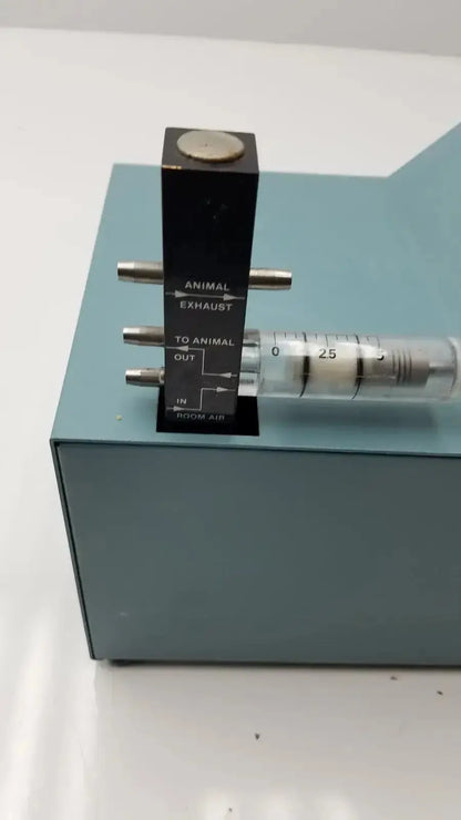 Black rectangular harvard apparatus rodent ventilator model 683 air flow control unit with silver ports and labeled arrows
