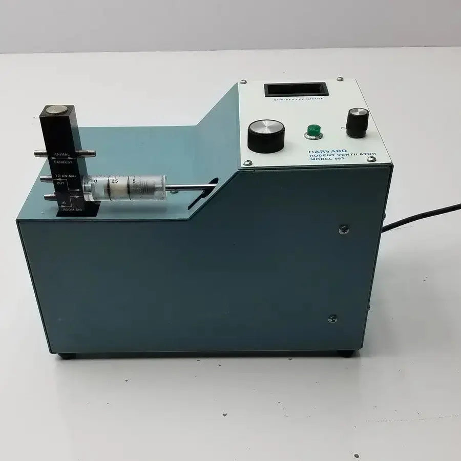 Harvard apparatus rodent ventilator model 683 in teal with black knobs and digital display for precise ventilation control