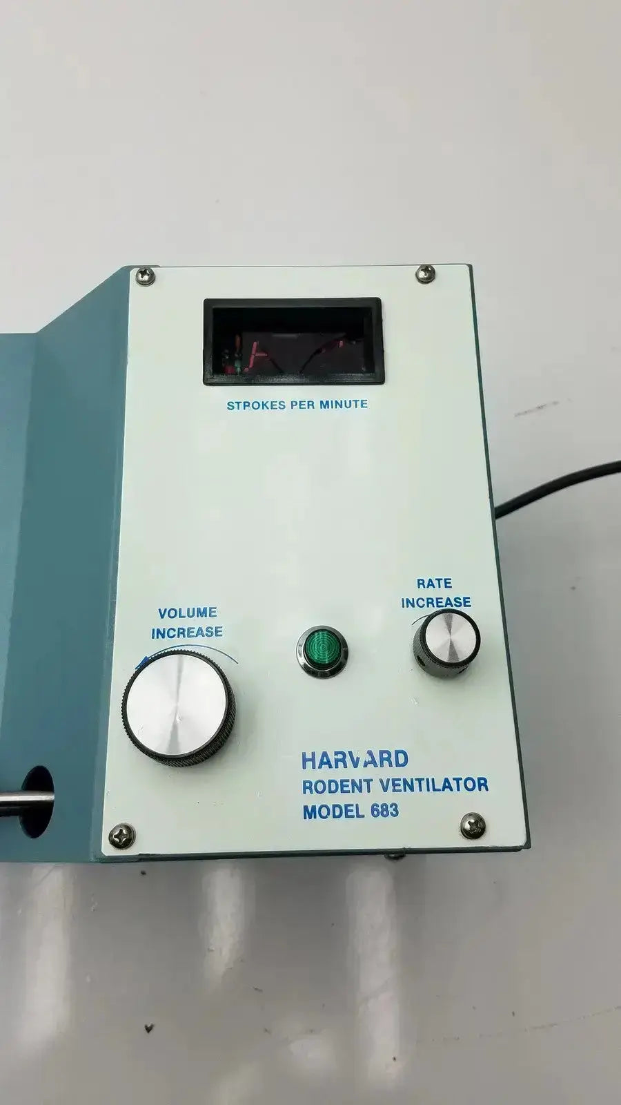 Harvard apparatus rodent ventilator model 683 with light blue casing silver knobs and digital strokes per minute display