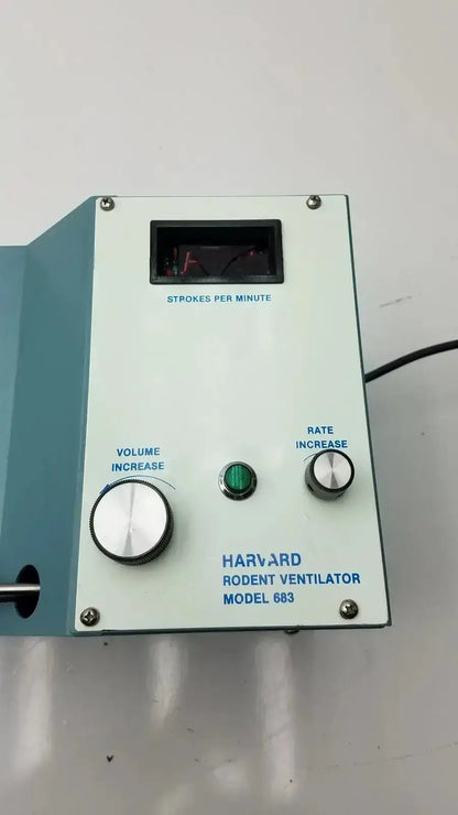 Harvard apparatus rodent ventilator model 683 with light blue casing silver knobs and digital strokes per minute display