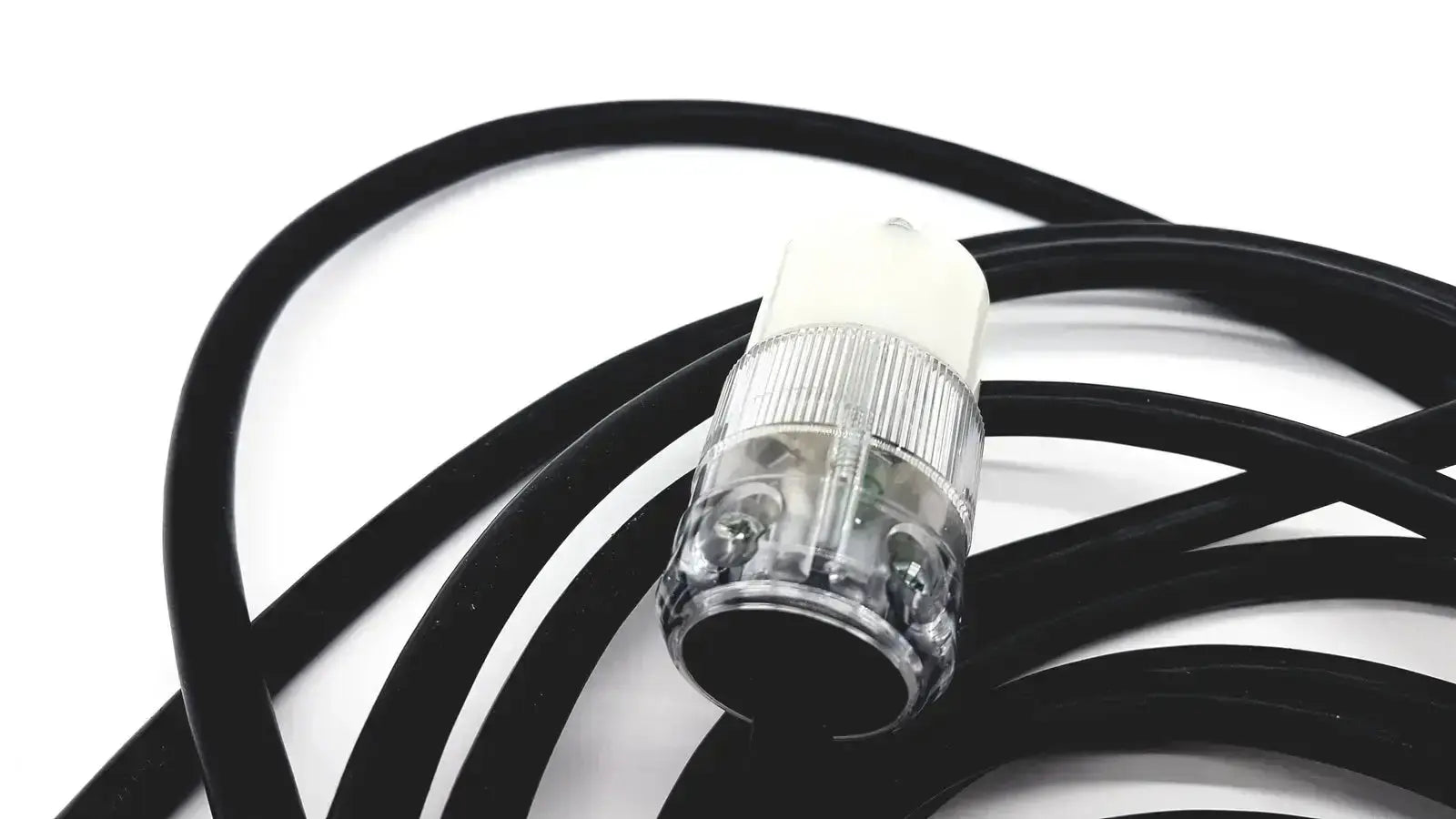 Black heavy-duty lead single phase extension cord with clear ribbed plastic hospital-grade 3 pin flat plug and white top cap