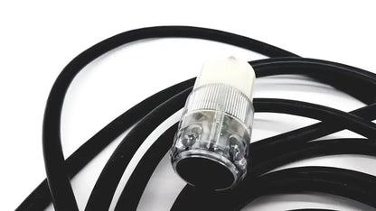 Black heavy-duty lead single phase extension cord with clear ribbed plastic hospital-grade 3 pin flat plug and white top cap