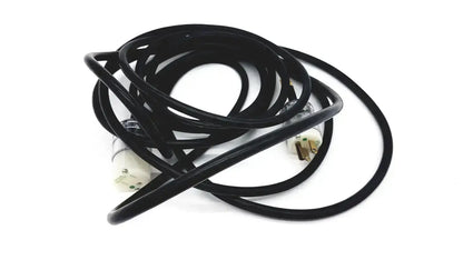 Black coiled heavy-duty extension cord with white plastic hospital grade 3 pin flat lead single phase plugs and metallic prongs
