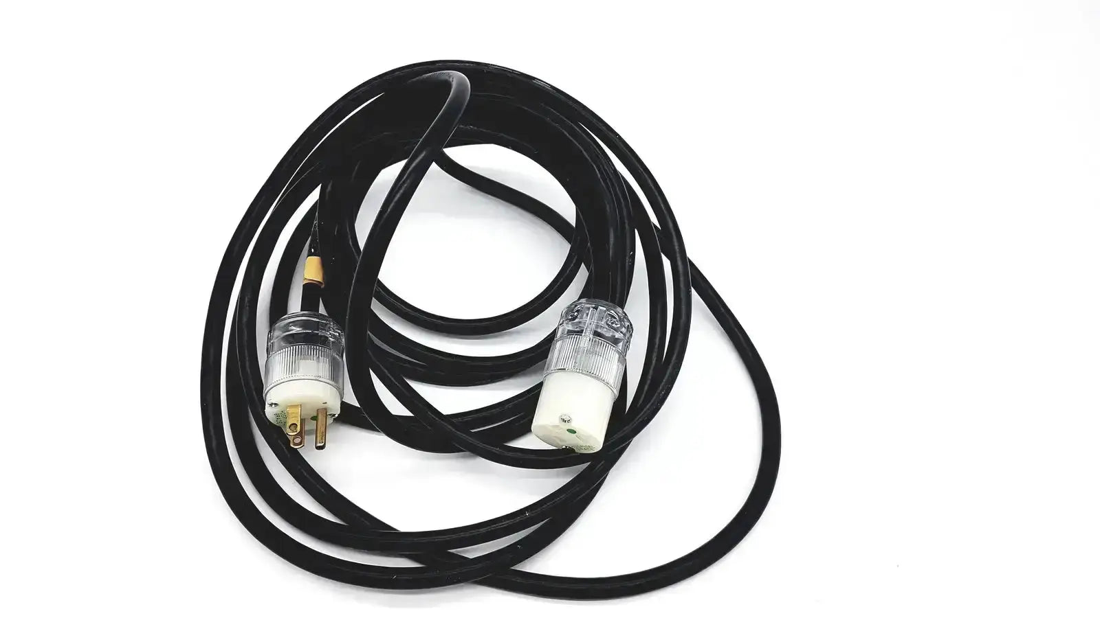Black heavy-duty lead single phase extension cord with clear plastic plugs and gold prongs hospital grade lead single