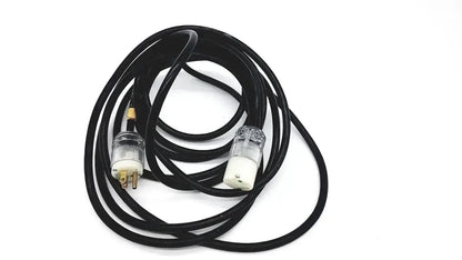 Black heavy-duty lead single phase extension cord with clear plastic plugs and gold prongs hospital grade lead single