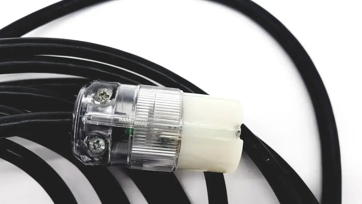 Black heavy-duty lead single phase extension cord with clear plastic plug and off-white cylindrical connector hospital grade