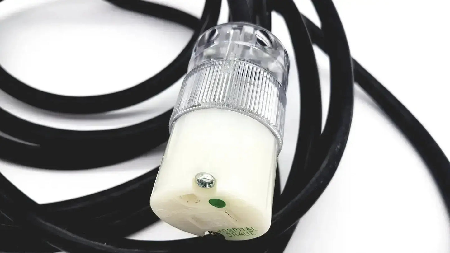 Heavy-duty extension cord with clear plastic and white ceramic industrial lead single phase 3 pin flat plug hospital grade