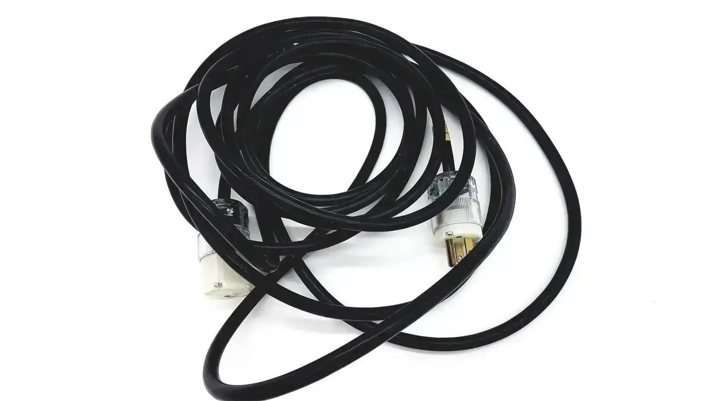 Black coiled heavy-duty lead single phase extension cord with two three-pronged plugs, hospital grade quality