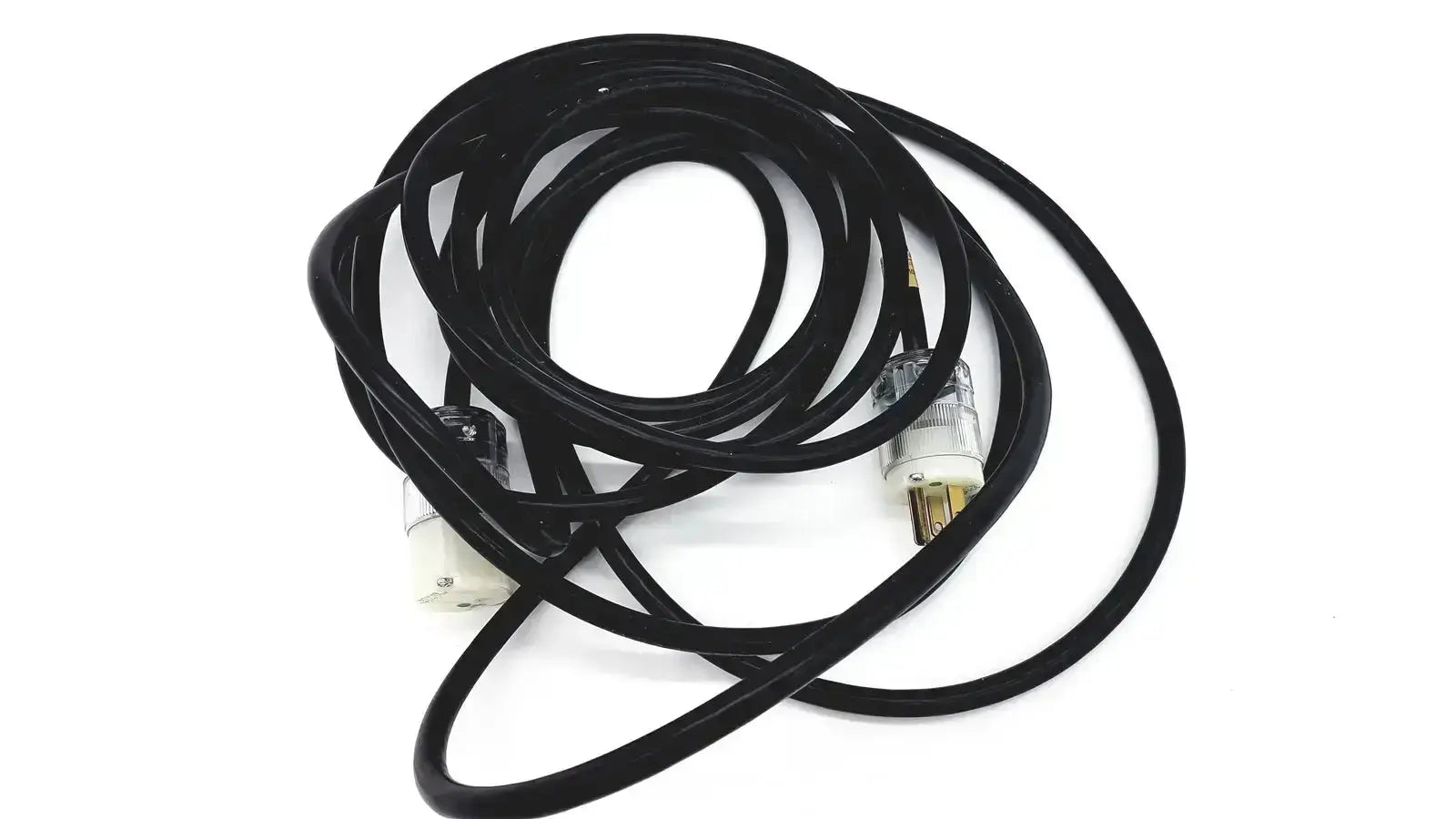 Black coiled heavy-duty lead single phase extension cord with two three-pronged plugs, hospital grade quality