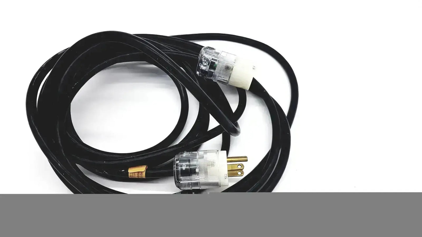 Black heavy-duty lead single phase extension cord with clear plastic plugs and gold-colored 3 pin flat hospital grade prongs