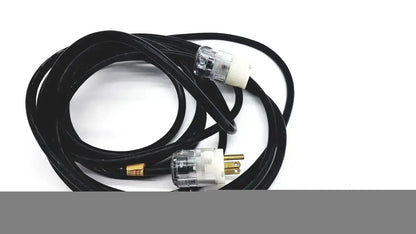 Black heavy-duty lead single phase extension cord with clear plastic plugs and gold-colored 3 pin flat hospital grade prongs