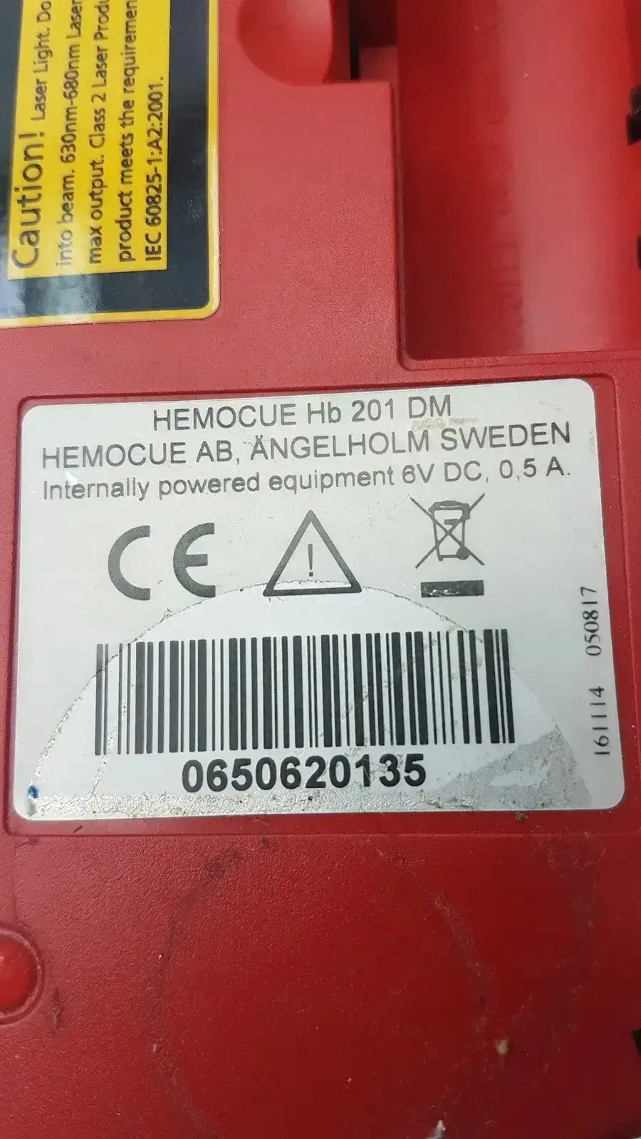 Red plastic case for hemocue hb 201 dm hemoglobin system analyzer used in biomedical evaluation and hospital surplus reuse medical