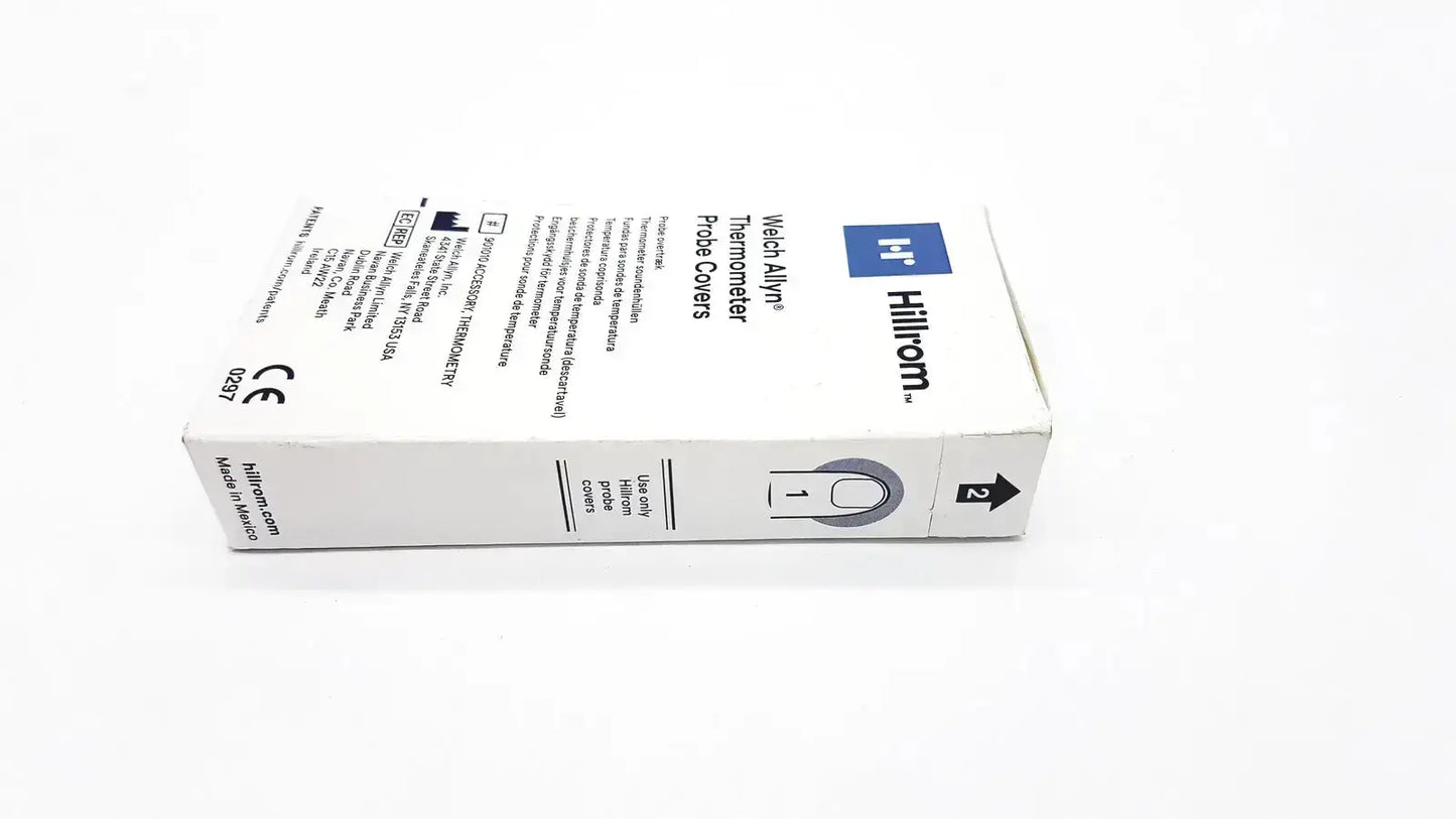 White rectangular box of hillrom welch allyn thermometer probe covers containing 25 sterile probe covers for medical use