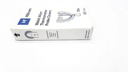 White cardboard box of hillrom welch allyn thermometer probe covers containing 25 pcs for medical use