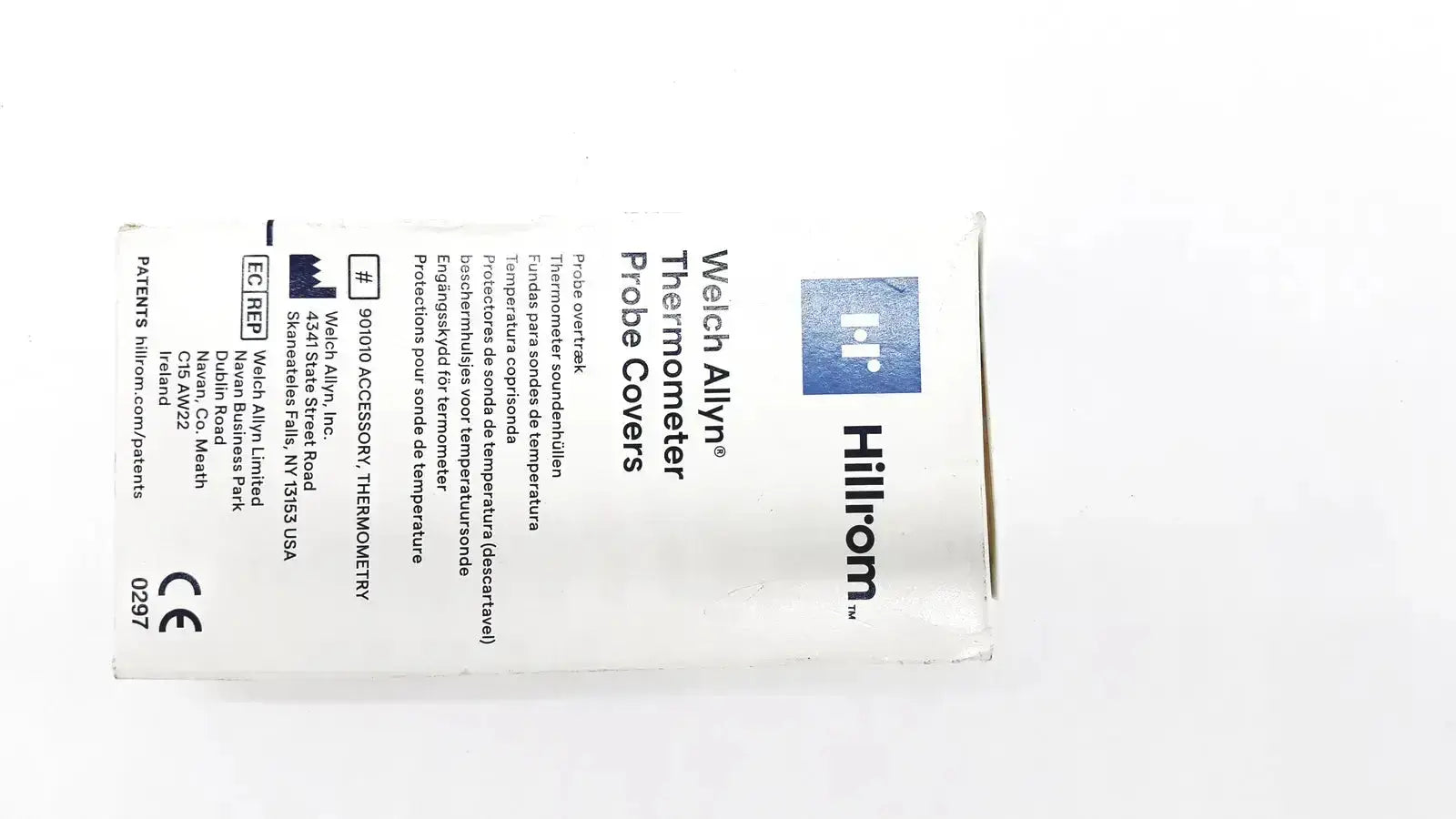 White cardboard packaging of hillrom welch allyn thermometer probe covers 25 pcs with product info in black text