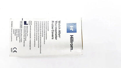 White cardboard packaging of hillrom welch allyn thermometer probe covers 25 pcs with product info in black text