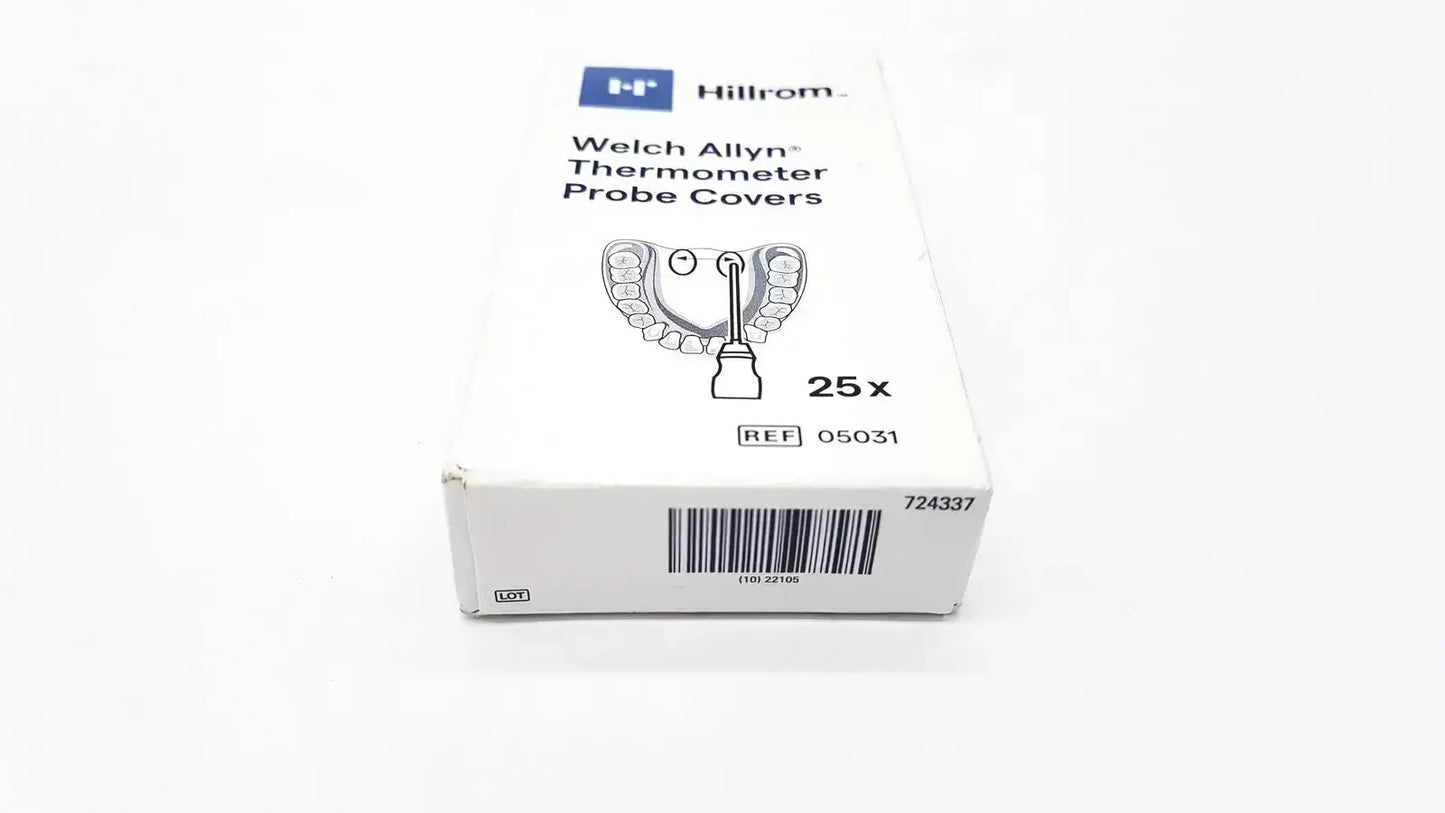 White cardboard box of hillrom welch allyn thermometer probe covers 25 pcs featuring blue logo and black text