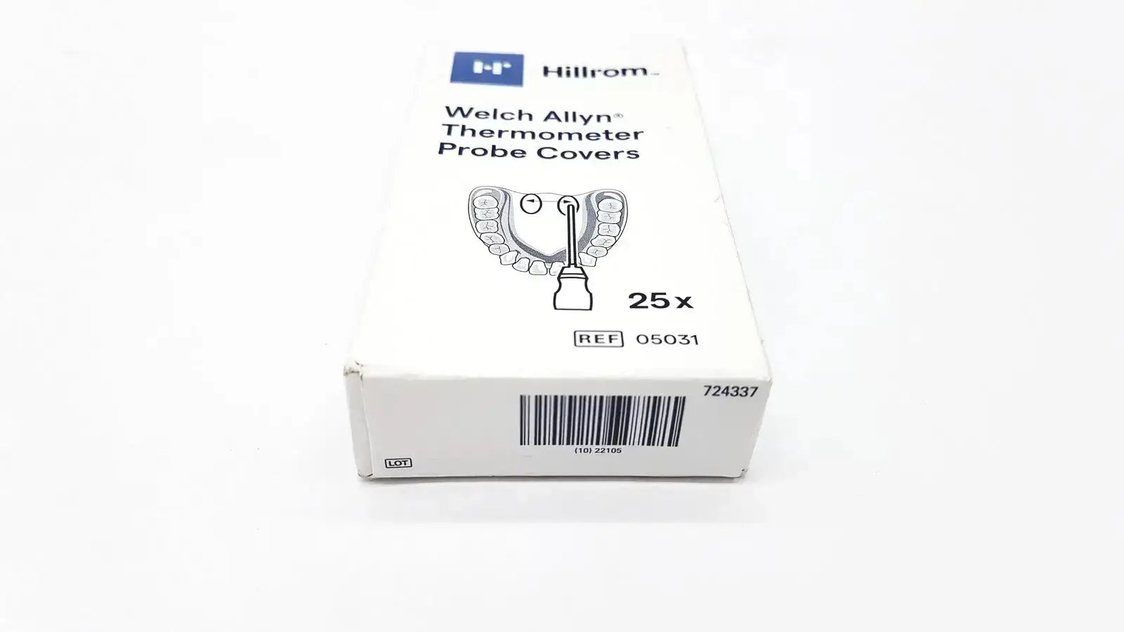 White cardboard box of hillrom welch allyn thermometer probe covers 25 pcs featuring blue logo and black text