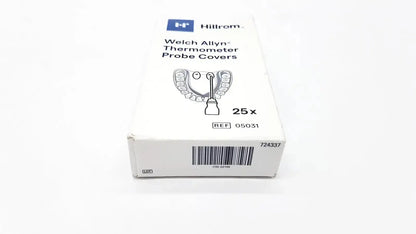White cardboard box of hillrom welch allyn thermometer probe covers 25 pcs featuring blue logo and black text