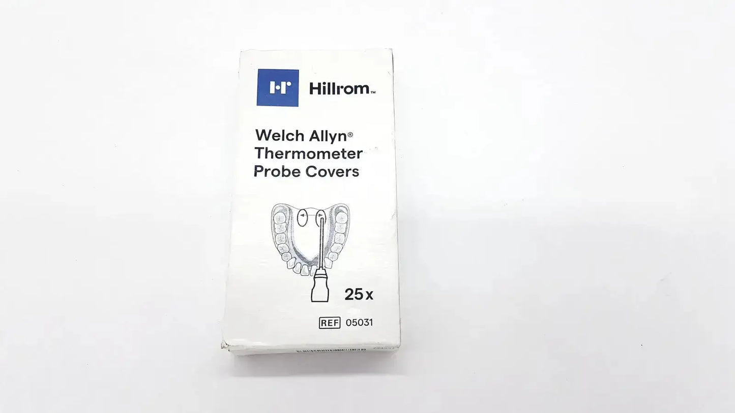 White cardboard box of hillrom welch allyn thermometer probe covers 25 pcs 05031 containing 25 units