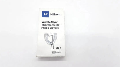 White cardboard box of hillrom welch allyn thermometer probe covers 25 pcs 05031 containing 25 units
