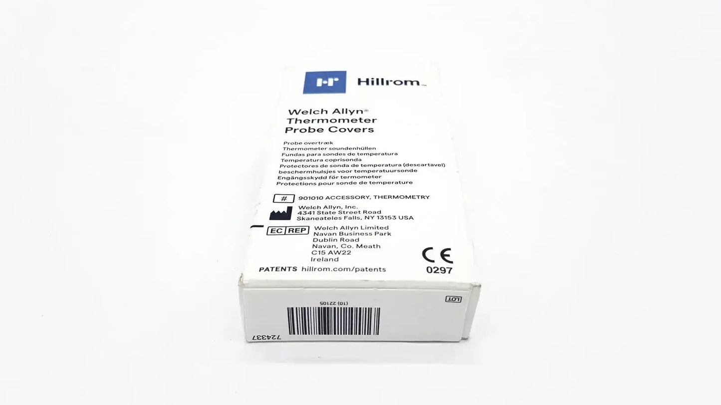 White cardboard box of hillrom welch allyn thermometer probe covers 25 pcs with black text and blue logo
