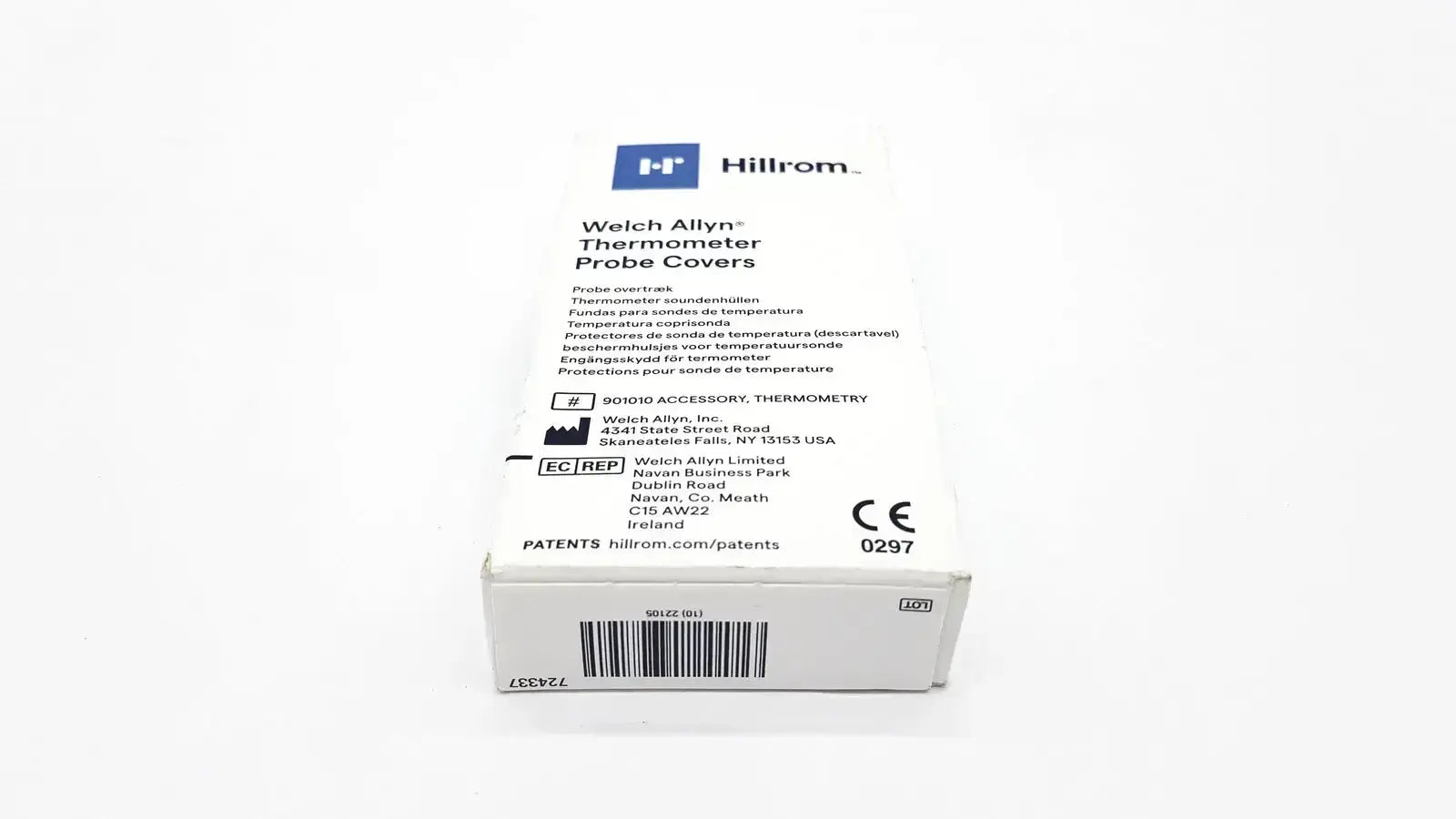 White cardboard box of hillrom welch allyn thermometer probe covers 25 pcs with black text and blue logo