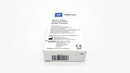 White cardboard box of hillrom welch allyn thermometer probe covers 25 pcs with black text and blue logo
