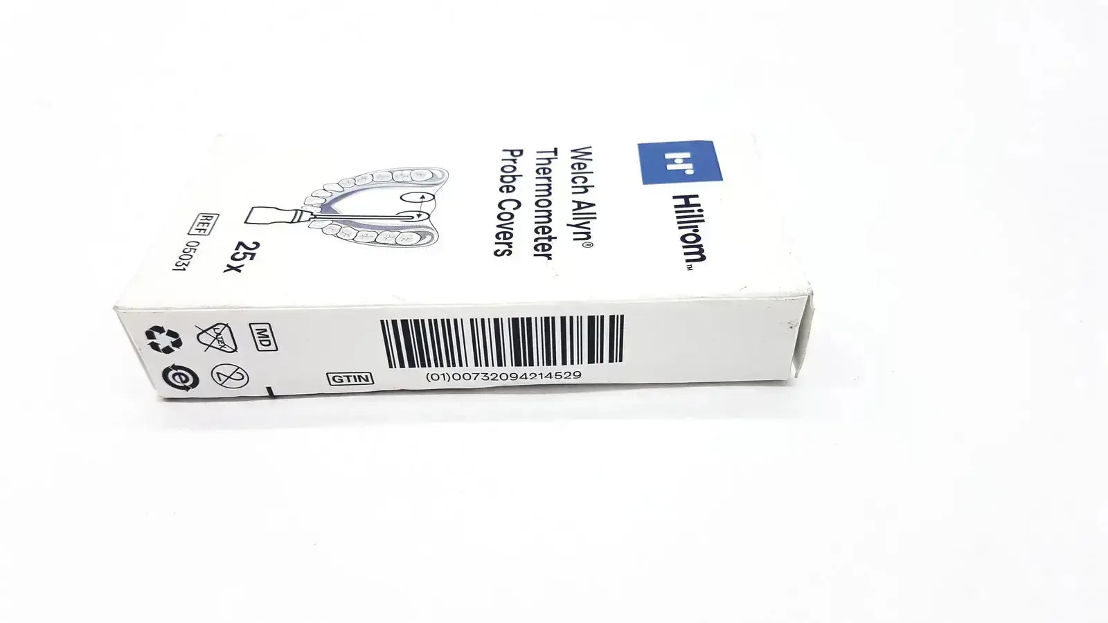 White cardboard box of hillrom welch allyn thermometer probe covers 25 pcs 05031 with blue logo and black text