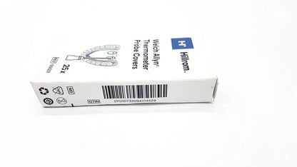 White cardboard box of hillrom welch allyn thermometer probe covers 25 pcs 05031 with blue logo and black text