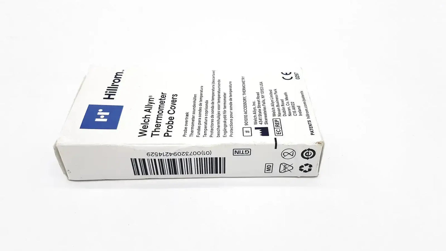 White rectangular box of hillrom welch allyn thermometer probe covers 25 pcs 05031 with black text and logo