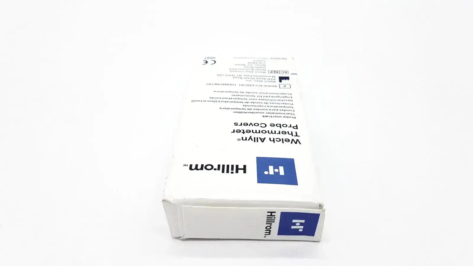 White cardboard box containing 25 pcs hillrom welch allyn thermometer probe covers model 05031 for medical use