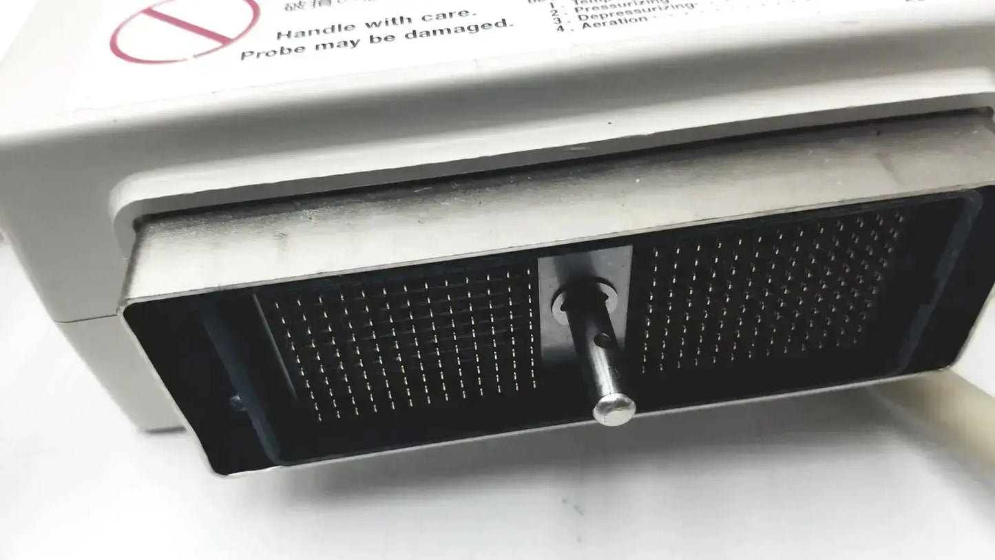 White hitachi eup-cc331 biplane transrectal ultrasound probe with black mesh panels and central metallic probe for imaging