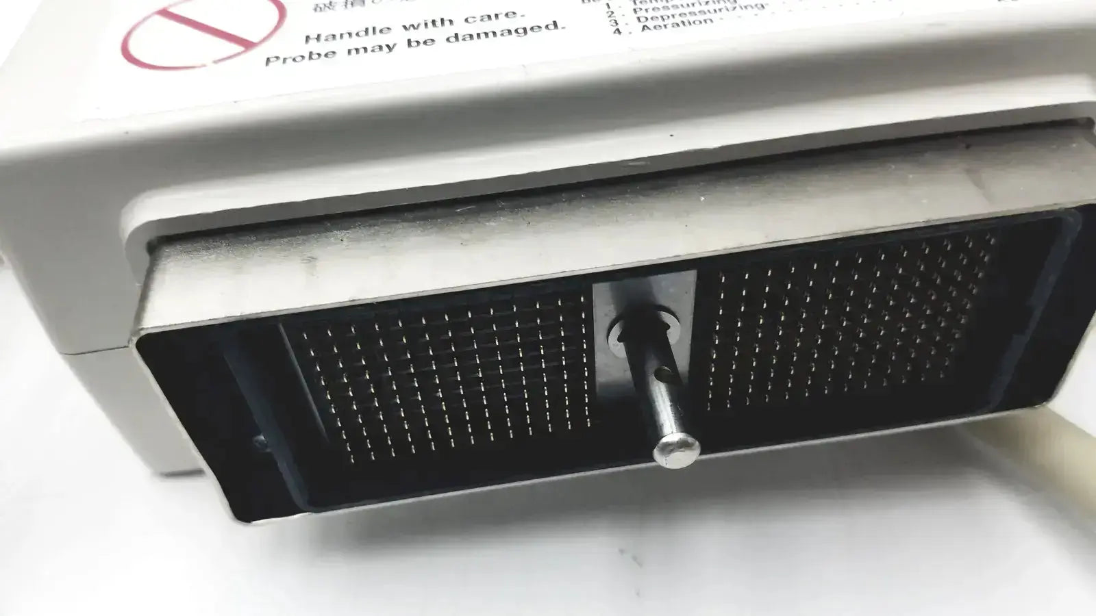 White hitachi eup-cc331 biplane transrectal ultrasound probe with black mesh panels and central metallic probe for imaging