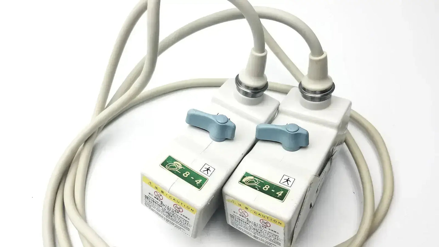 White medical-grade power adapters with light blue switches and beige cords for hitachi eup-cc331 biplane transrectal probe