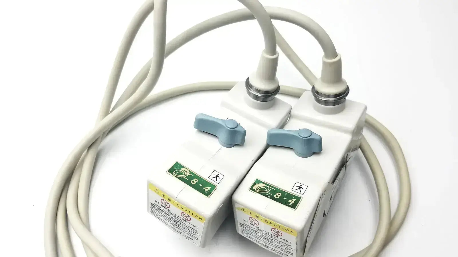 White medical-grade power adapters with light blue switches and beige cords for hitachi eup-cc331 biplane transrectal probe