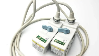 White medical-grade power adapters with light blue switches and beige cords for hitachi eup-cc331 biplane transrectal probe