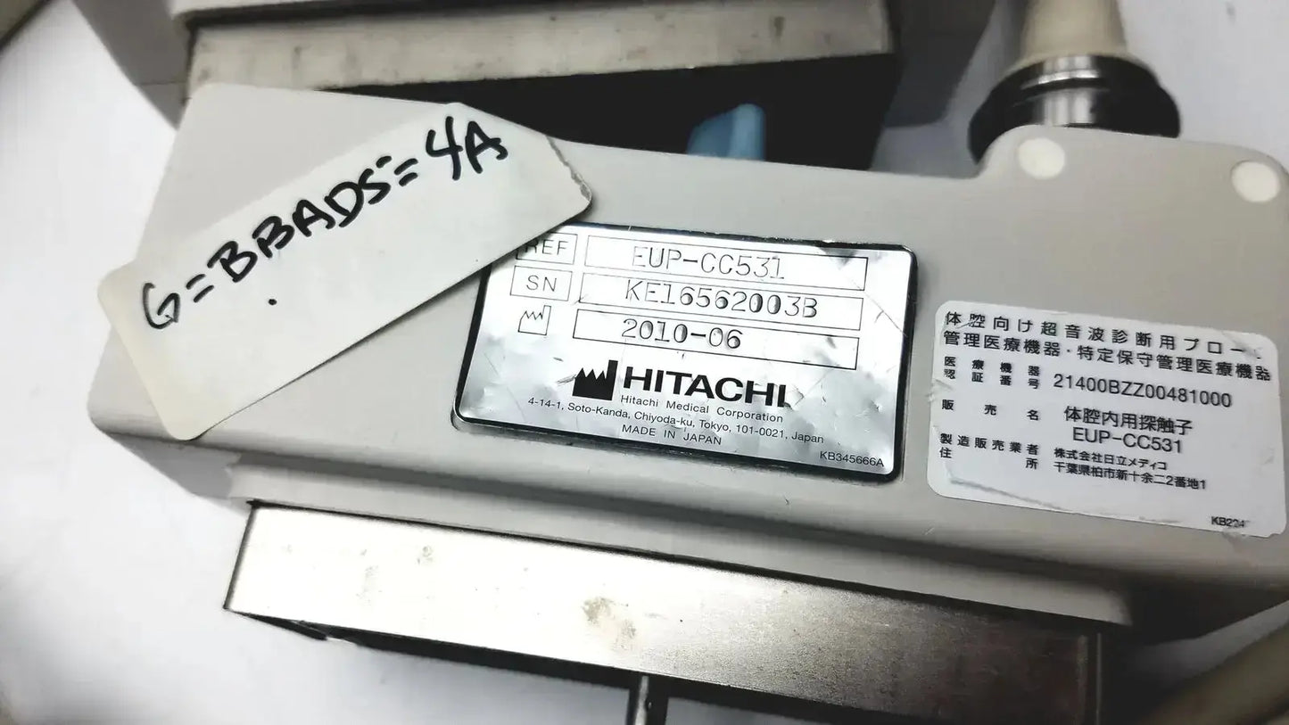 Hitachi eup-cc331 biplane transrectal ultrasound probe with metallic gray casing and engraved serial number plate