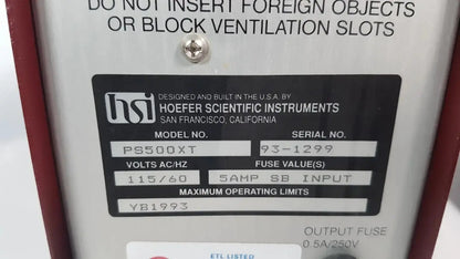 White metal label with black text and logo for hoefer ps500xt dc power supply model 500v 400ma 200w