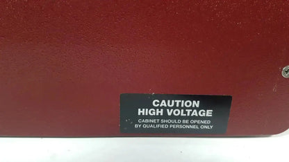 Red textured metal hoefer ps500xt dc power supply cabinet with black caution high voltage warning label