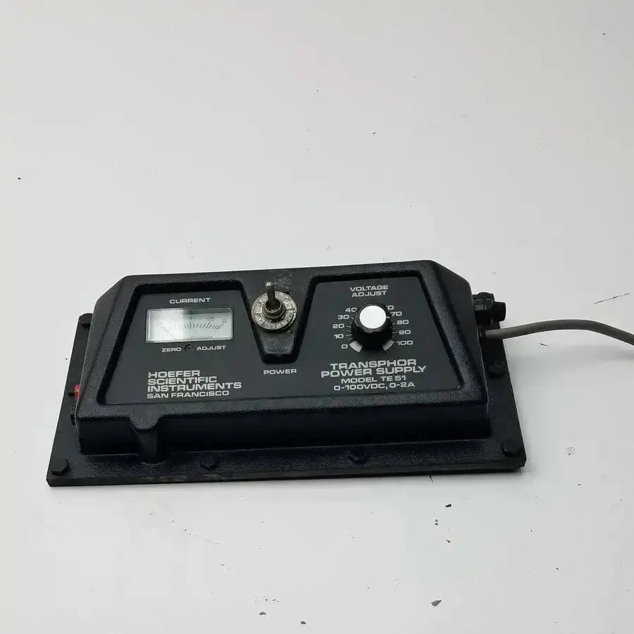 Black plastic hoefer scientific instruments te 51 transphor power supply with analog current meter and voltage dial
